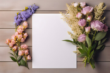 Blank greeting card mockup on wooden background with garden flowers. Summer flat lay composition. Top view with copy space. AI generated.