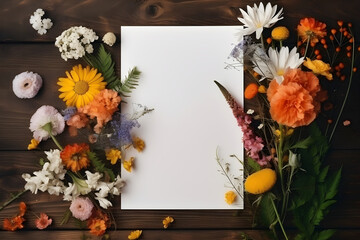 Blank greeting card mockup on wooden background with garden flowers. Summer flat lay composition. Top view with copy space. AI generated.