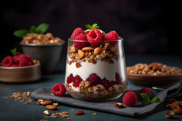 Yogurt granola parfait with sliced nuts and fresh raspberry in a glass jar on dark background. Generative AI.