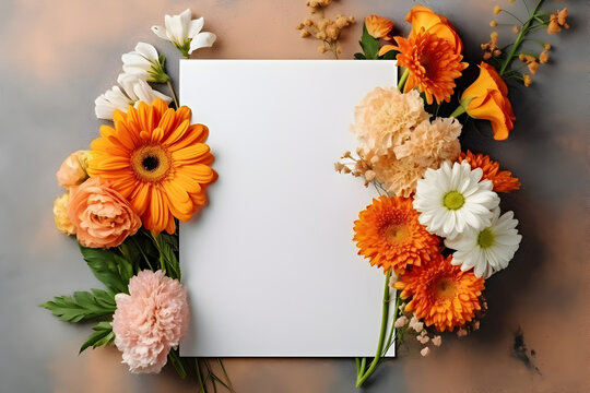 Blank greeting card mockup on concrete background with garden flowers. Summer flat lay composition. Top view with copy space. AI generated.