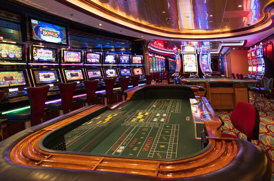Las Vegas, Nevada, USA, February 10, 2023: Cruise ship casino ambling blackjack and slot machines waiting for gamblers and tourist to spend money