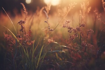 Wild grass in the forest at sunset, macro image, Generative ai