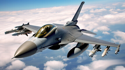 Military F16 fighter jet close up flying through the air.