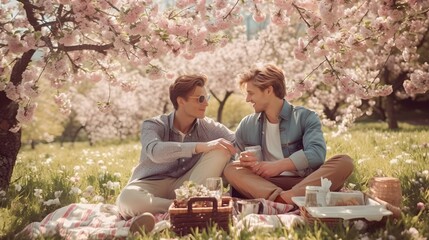 Simple and sustainable picnic lifestyle in natural public park of gay couple, cherry blossom, beautiful flowers around, romantic, stock photo, AI Generated