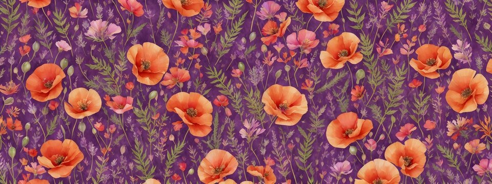 Plants, flowers. Classic illustration of poppy, lavender, fern, leaf and wild flower for floral background, pattern for wedding invitation. Generative AI