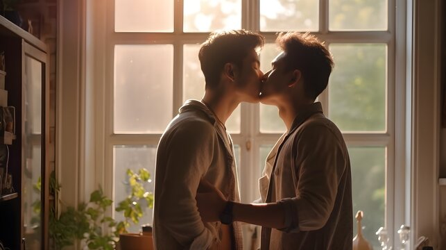 Gay couple enjoy togetherness indoors, kissing each other, Asian, boys, sunset sunlight window background, cozy, AI Generated