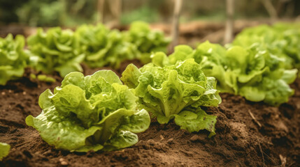 Lettuce Growing in a Outdoor Ecological Vegetable Garden - obrazy, fototapety, plakaty