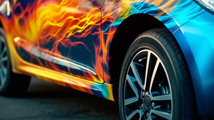 Fragment of the airbrush on the side of the car, drawing on the surface of the car, close up, to advertise auto service stations, auto racing