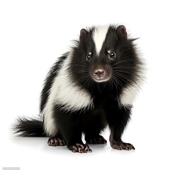 Cute classic black with white stripe young skunk aka Mephitis mephitis, walking side ways. Head up looking straight ahead with tail high up. Isolated on a white background. Generative AI