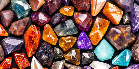 A lot of crystals and gemstones on a dark background. Natural minerals such as agate, amber, amethyst, quartz and others. A scattering of precious stones. Generative AI - obrazy, fototapety, plakaty