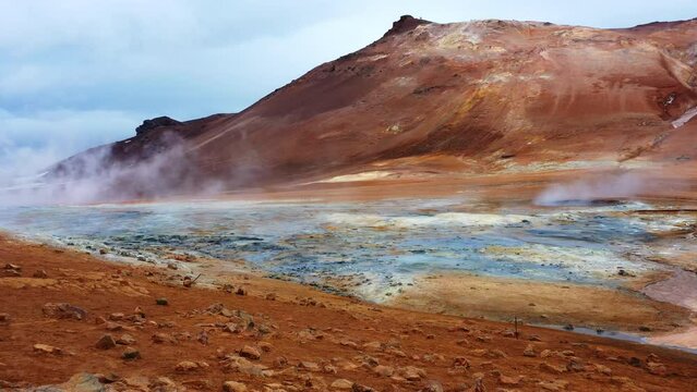 Geothermal area in Iceland. Martian landscape at sulfur valley with smoking fumaroles. Famous tourist spot Hverir. Real volcanic activity near Myvatn lake. Evaporating water. Aerial view 4k