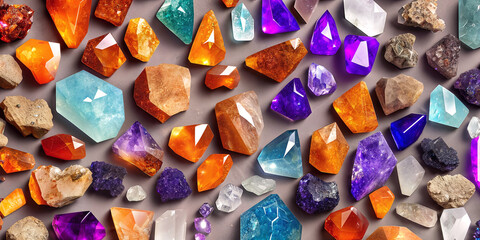 Fototapeta na wymiar A lot of crystals and gemstones on a dark background. Natural minerals such as agate, amber, amethyst, quartz and others. A scattering of precious stones. Generative AI