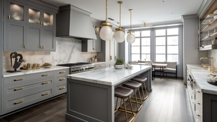Interior design of Kitchen in Transitional style with Marble Backsplash decorated with Brass Hardware, Wood Flooring material. Modern architecture. Generative AI AIG24.