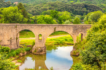 Fototapeta na wymiar Old stone bridge in the green forest across the river
