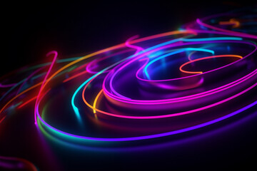 Futuristic Sci-Fi Abstract Neon Light Shapes On Black Background. AI generated content