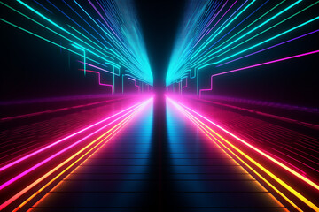 Futuristic Sci-Fi Abstract Neon Light Shapes On Black Background. AI generated content