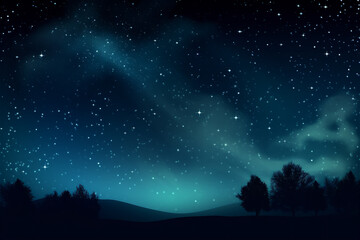 Fototapeta premium Blue dark night sky with many stars above field of trees. Milkyway background. AI generated content