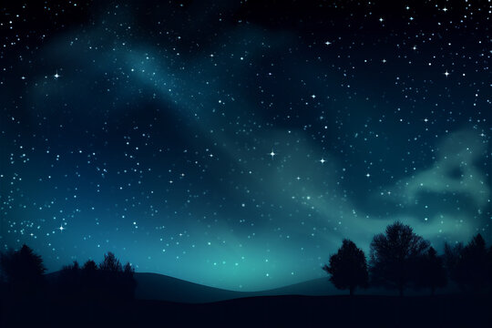 Blue dark night sky with many stars above field of trees. Milkyway background. AI generated content