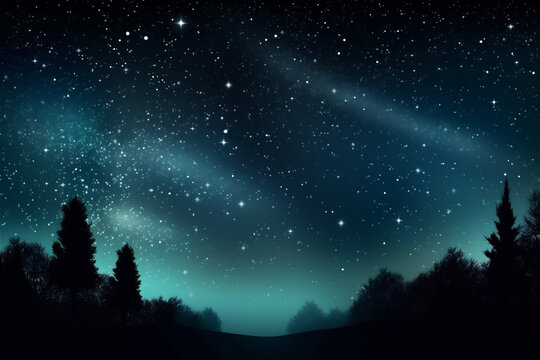Blue dark night sky with many stars above field of trees. Milkyway background. AI generated content