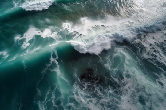 Blue green surface of the ocean with gentle ripples on the surface and light refracting. AI generated content © Elena
