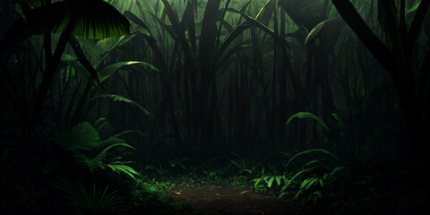 Wild jungle in night. Scary thicket of the rainforest. Dark tropical forest with exotic plants, palm trees, big leaves and ferns. Green vegetation illuminated by moonlight. Generative AI