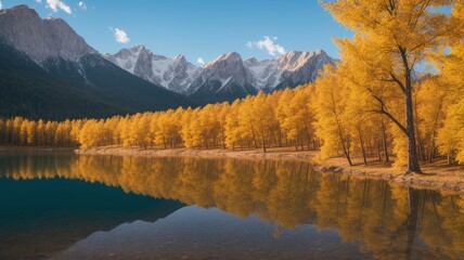 An Artful Depiction Of A Dramatically Lit Lake Surrounded By Yellow Trees