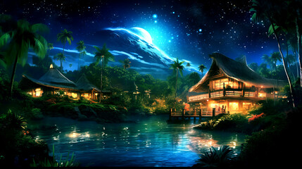 Fototapeta na wymiar Moonlit Paradise: Serene Tropical Island Bathed in Starlight