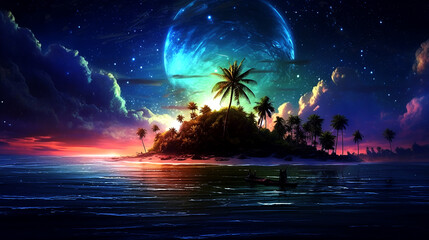 Fototapeta na wymiar Starry Night Oasis: Tranquil Tropical Island under the Moon