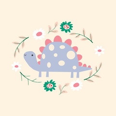 Isolated illustration with dinosaur and flowers. Modern design for paper, cover, fabric, interior decor and other users.