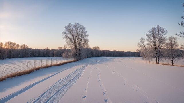 A Scene Of A Vividly Textured Winter Scene With A Snow Covered Field