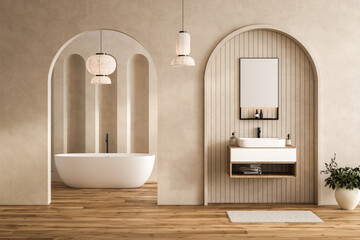 Beige bathroom interior with white sink and mirror, carpet on hardwood floor, bathtub, plants. Bathing accessories and window in hotel studio. 3D rendering