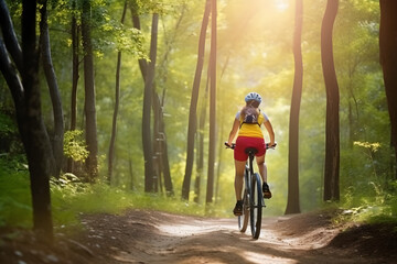Woman riding mountain bike in jungle trails, Generative AI