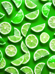 A slices of fresh juicy green limes. Fresh juicy lemon slices as background, top view. generative ai