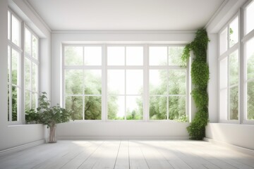 Obraz premium White empty room with green landscape in window, Generative ai