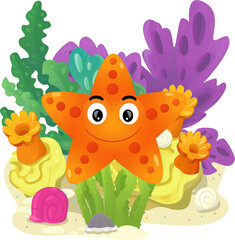 cartoon scene with coral reef with swimming star fish isolated element illustration for kids