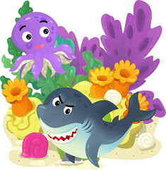 cartoon scene with coral reef with swimming fish octopus and shark isolated element illustration for kids