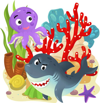 cartoon scene with coral reef with swimming fish octopus and shark isolated element illustration for kids