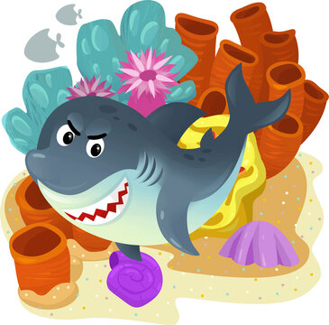 cartoon scene with coral reef with swimming fish shark isolated element illustration for kids