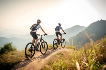 Couple riding a mountain bike in sunset, Generative AI