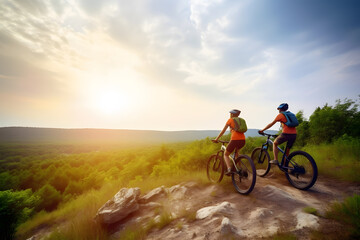 Naklejka na ściany i meble Couple riding a mountain bike in sunset, Generative AI