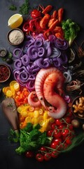 Fototapeta na wymiar Fresh fish and seafood and vegetables colorful arrangement composition. AI generative illustration.
