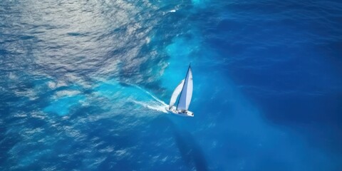 Obraz premium Aerial view of a white yacht with a sail. AI generative illustration.