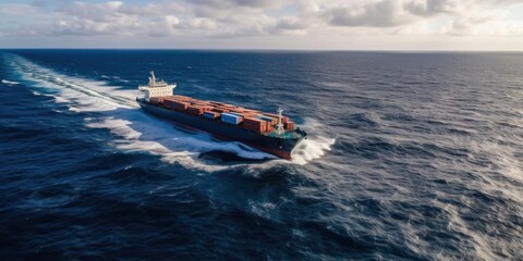 Aerial top view of container cargo ship in the open sea. AI generative illustration.