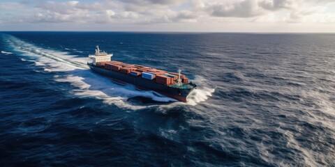 Aerial top view of container cargo ship in the open sea. AI generative illustration.