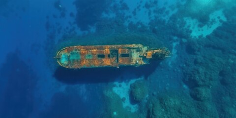 Sunken ship wreck underwater with rusty parts.  AI generative illustration.