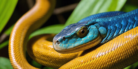 Fototapeta premium Tropical snake in jungle on a sunny day. Rainforest illustration with bright colored serpent among exotic plants with big leaves. Background with pristine nature landscape. Generative AI