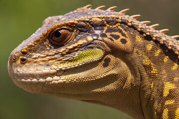 Fototapeta premium Close-up lizard head. Illustration with reptile among wild nature. Generative AI