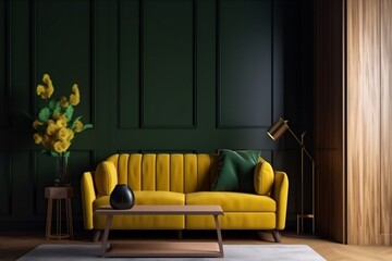 interior background apartment lifestyle cosy lounge copy space green yellow light. Generative AI.