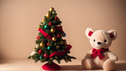 Fototapeta premium A Picture Of A Mesmerizing Teddy Bear Next To A Christmas Tree