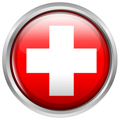 Fototapeta premium Round glass button framed in silver of the flag of Switzerland